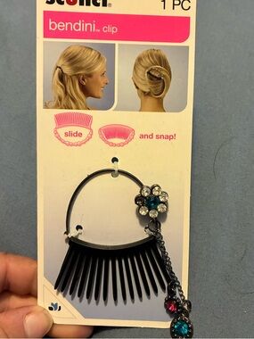 scunci black hair bendini clip with blue and pink gem accents